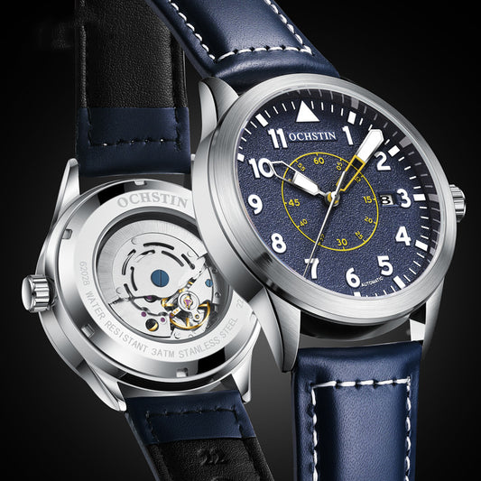 Reloj Automático de Hombre con Correa de Cuero, Resistente al Agua y Esfera Luminosa
