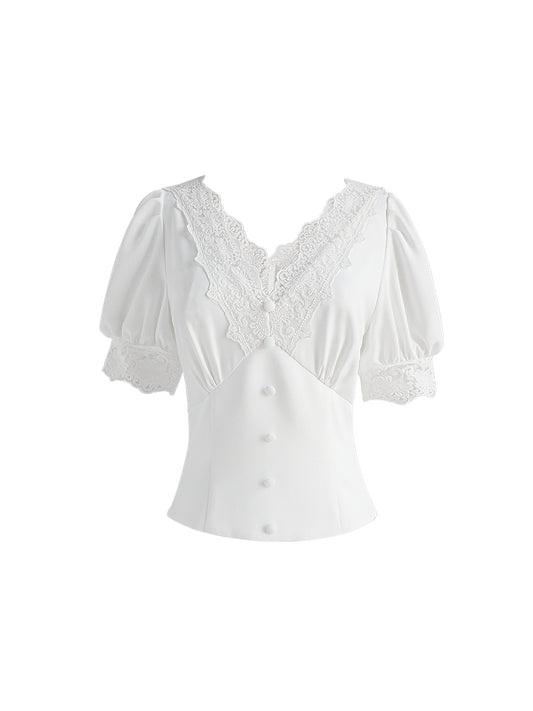 Blusa de Encaje Calado con Escote en V