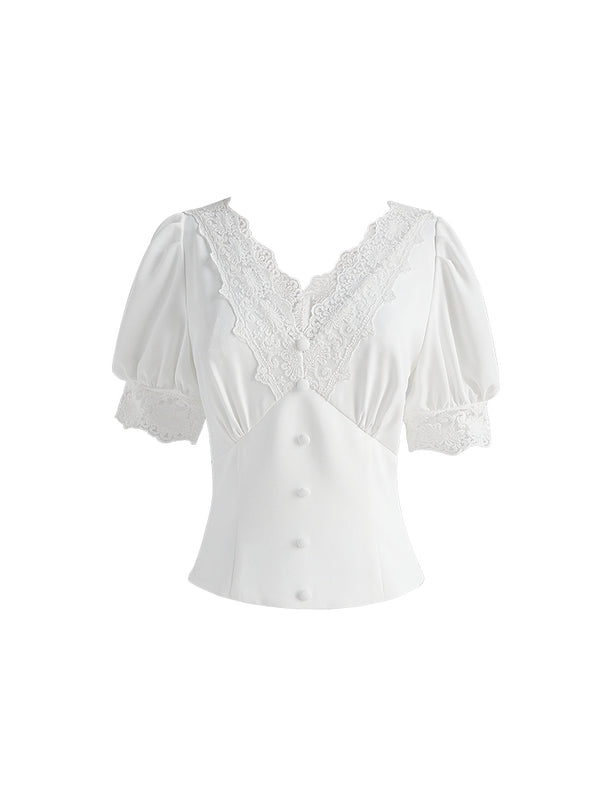 Blusa de Encaje Calado con Escote en V