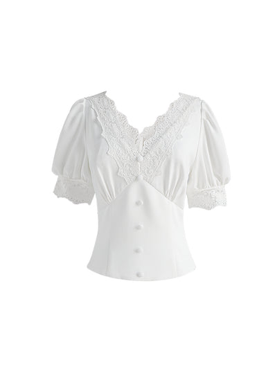 Blusa de Encaje Calado con Escote en V