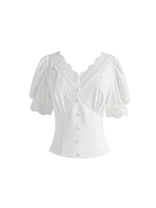 Blusa de Encaje Calado con Escote en V
