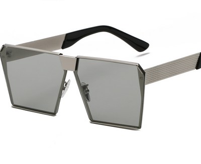 Silver-framed square polarized sunglasses with dark gray lenses and textured temples on a white background. - Image 9