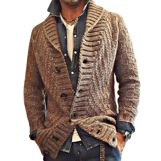 Cardigan Marrón Entallado con Cuello de Solapa y Mangas Largas Acolchado