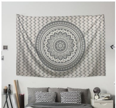 Black and white Indian Mandala tapestry wall hanging with intricate bohemian patterns, displayed in a bedroom. - Image 6