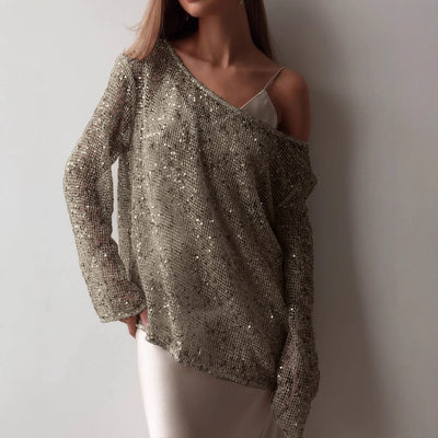 Blusa Suéter Holgada con Lentejuelas y Detalles Calados - Image 19
