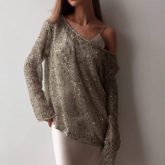 Blusa Suéter Holgada con Lentejuelas y Detalles Calados - Image 19