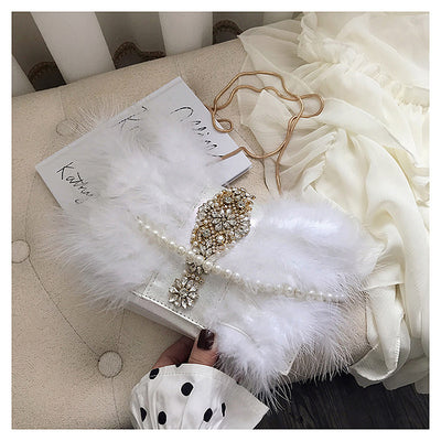 Bolso de Noche Elegante con Plumas de Avestruz y Cadena de Perlas - Image 17