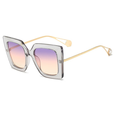 Women's black square frame sunglasses with blue gradient lenses and gold metal temples featuring a pearl accent. - Image 14