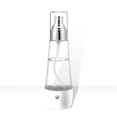 Electrolytic sterilization water making machine in a clear and white spray bottle with a silver nozzle.
