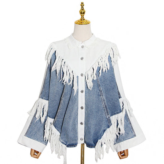 Chaqueta Denim Suelta con Detalles de Pespunte y Borlas