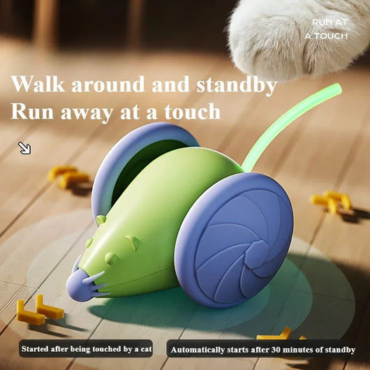 White and grey electric mouse cat toy with large wheels, a glowing blue tail, and a USB charging cable. - Image 10