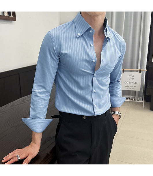 Camisa de Vestir Manga Larga a Rayas para Hombre con Cuello Italiano - Image 22
