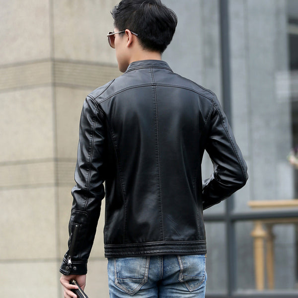 Chaqueta de Cuero PU Coreana Ajustada Cuello Mao