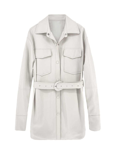 Abrigo de Cuero Blanco Retro con Blusa Entallada Midi para Mujer - Image 6