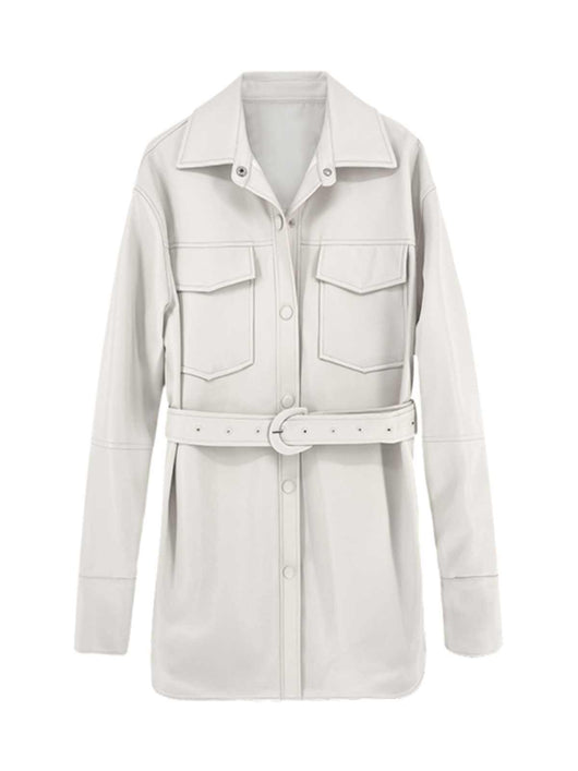 Abrigo de Cuero Blanco Retro con Blusa Entallada Midi para Mujer - Image 6