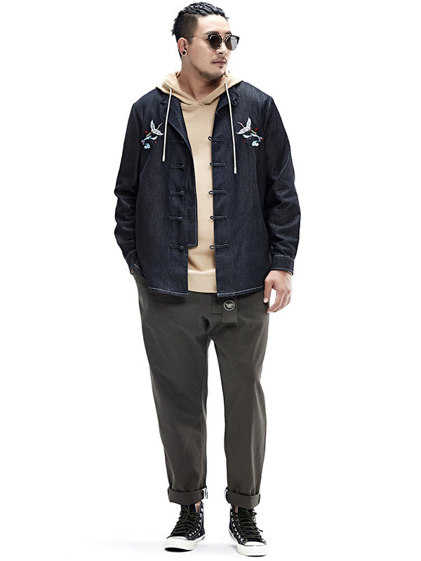 Camisa Denim Holgada con Bordado de Grúa Estilo Chino - Tallas Grandes