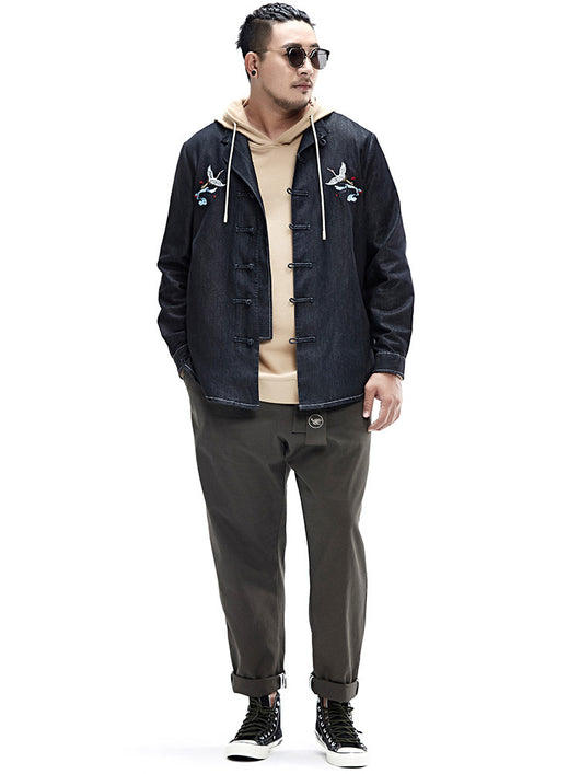 Camisa Denim Holgada con Bordado de Grúa Estilo Chino - Tallas Grandes