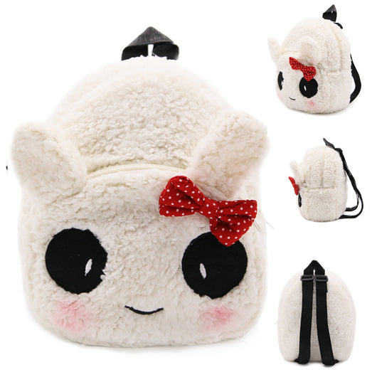 Fluffy white panda backpack for children with black ears, eyes, nose, pink cheeks, and adjustable black straps.