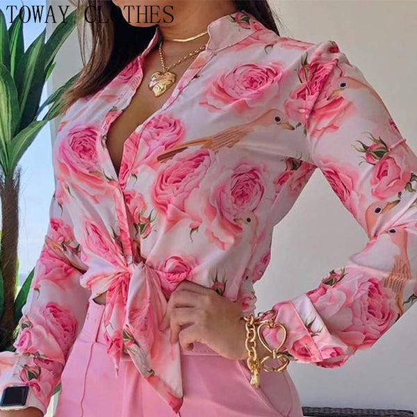 Camisa Estampada de Cuello Alto Manga Larga - Estilo Europeo y Americano