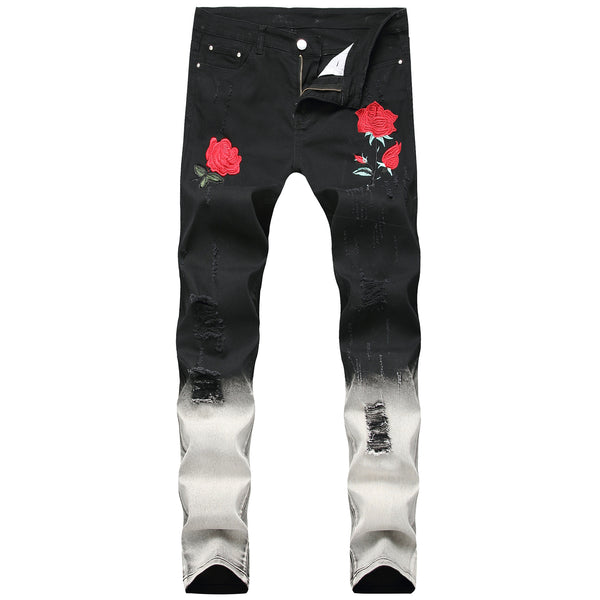 Pantalones Negros con Bordado de Rosas y Detalles Rotos