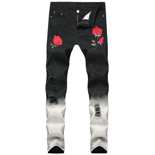 Pantalones Negros con Bordado de Rosas y Detalles Rotos - Image 2