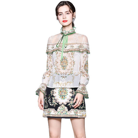 Conjunto de Dos Piezas: Blusa de Gasa con Cuello Mao y Estampado de Moño + Falda - Image 2