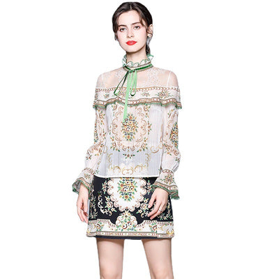 Conjunto de Dos Piezas: Blusa de Gasa con Cuello Mao y Estampado de Moño + Falda - Image 2