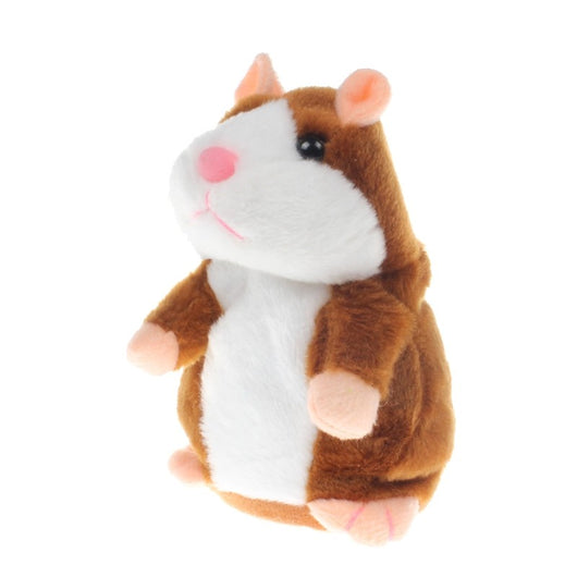 Brown and white plush talking hamster toy with pink nose and ears, standing upright on a white surface. - Image 12