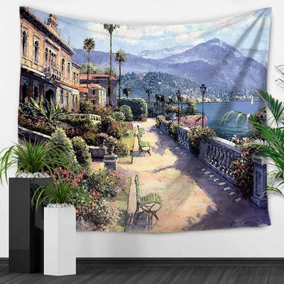 Garden Wall Carpet Tapestry featuring an impressionistic painting of a European garden with a grand building, lake, and mountains.