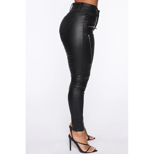 Pantalones de Cuero Ajustados con Cierre de Cremallera