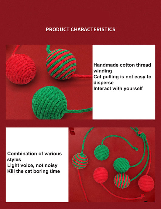 Red and green striped cotton rope ball cat toy with two rope tails, ideal for Christmas interactive play. - Image 12