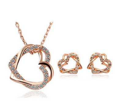 Elegante Conjunto de Collar y Aretes Doble Corazón Brillante