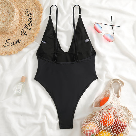 Dark brown one-piece swimsuit with a deep V-neckline and thin adjustable straps, styled with a straw hat and sunglasses. - Image 28