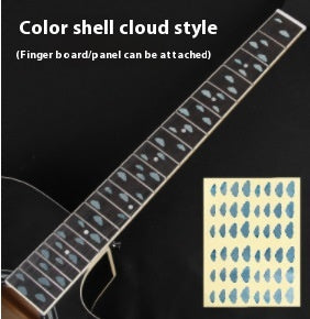 Blue cloud-shaped inlay stickers for guitar fingerboards, shown on a guitar neck and as a full sheet. - Image 28