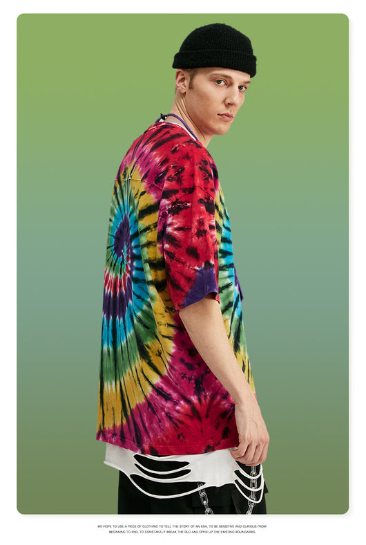 Playera Hombre Espiral Arcoíris Tie-Dye Manga Corta Suelta - Image 6