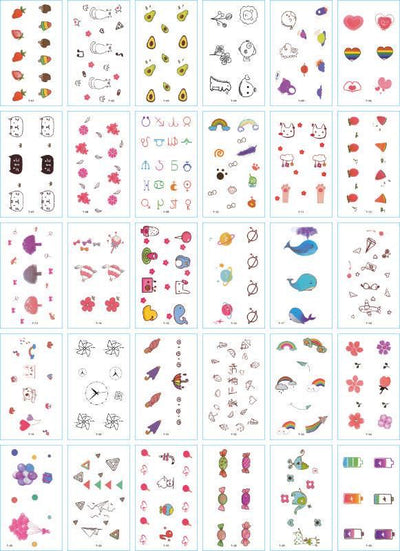 Set of 30 temporary tattoo stickers featuring pink and purple butterflies, flowers, bunnies, and moon designs. - Image 6