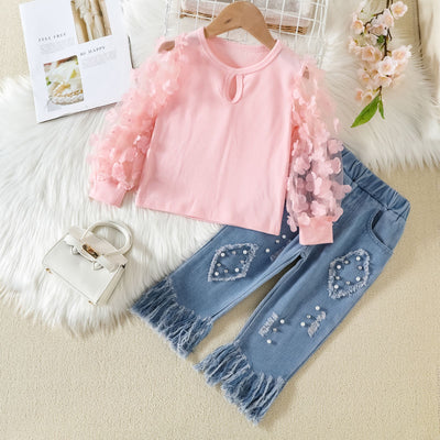 Conjunto Infantil con Top de Malla y Jeans con Detalles de Flecos - Image 18