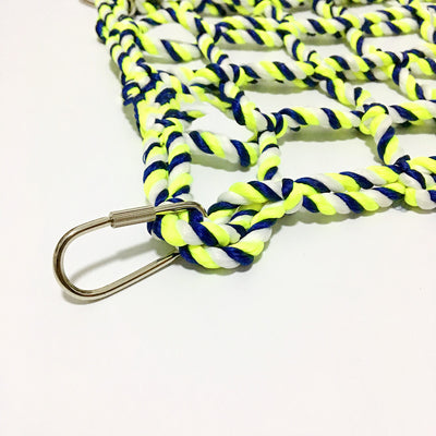 Yellow and blue woven rope climbing net for small pets, featuring a grid pattern and four metal hooks. - Image 3