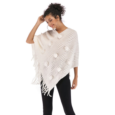 Poncho Tejido con Borlas y Diseño Irregular - Suéter Cape Elegante
