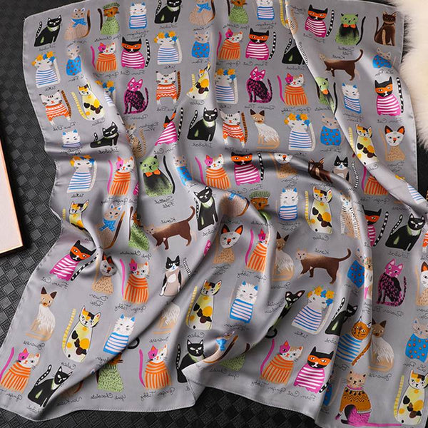 Pañuelo de Seda Estampado Gatos Cuadrado Grande Profesional para Mujer - Image 9