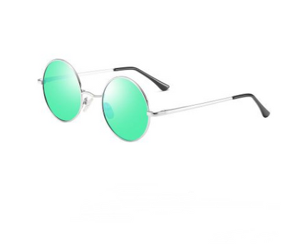 Round vintage sunglasses with gold metal frames and dark black lenses, shown at an angle on a white background. - Image 5