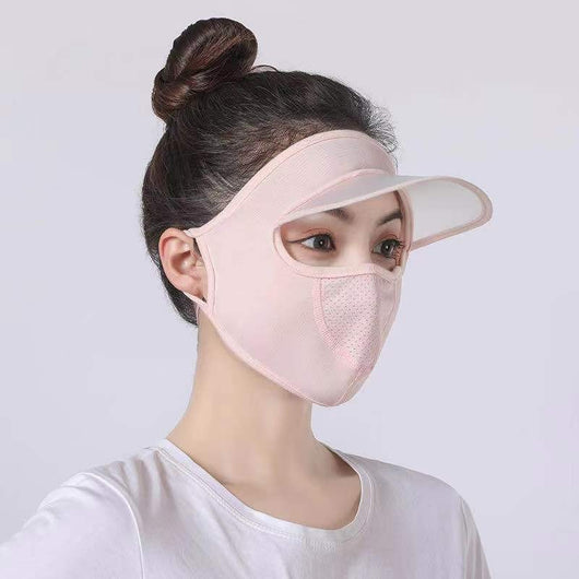 Light pink ice silk sun protection mask with ear loops and neck coverage, featuring small ventilation holes. - Image 30
