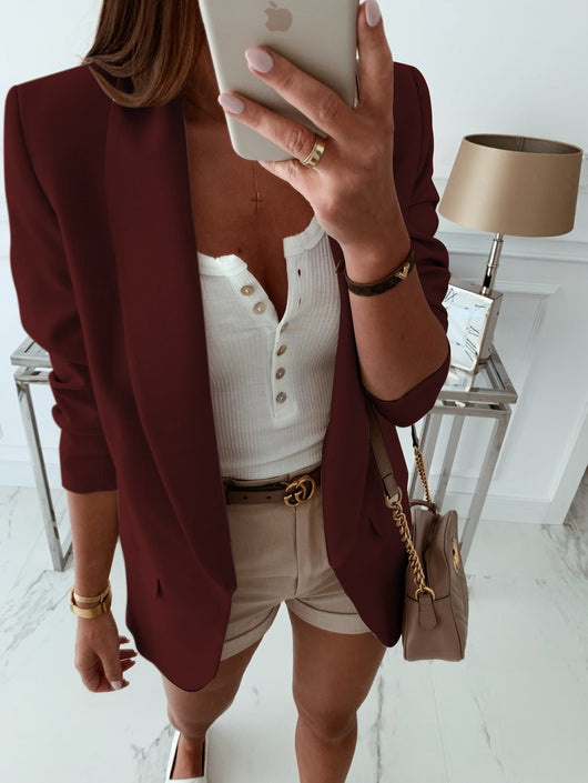 Blazer de solapa doble bolsillo manga larga color sólido - Image 10