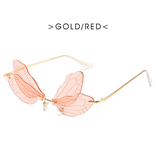 Dragonfly wing sunglasses with gold metal frames and unique brown tinted rimless lenses, suitable for adults. - Image 17