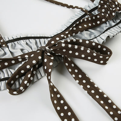 Dark brown polka dot halter bikini top with matching shirred high-waisted shorts for women. - Image 17