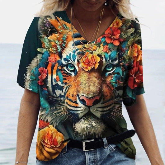 Blusa Casual con Estampado Animal Cuello V Manga Corta Personalizable - Image 26