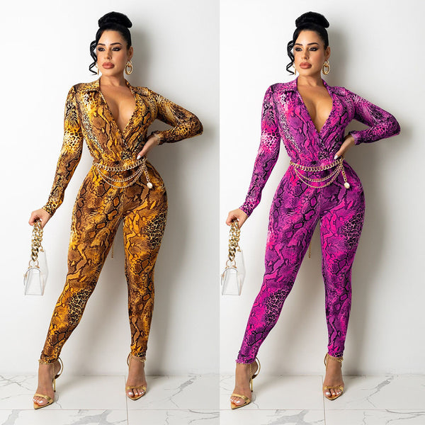 Jumpsuit Ajustado Estampado Serpiente Manga Larga