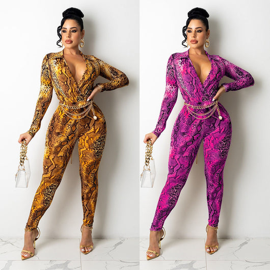 Jumpsuit Ajustado Estampado Serpiente Manga Larga