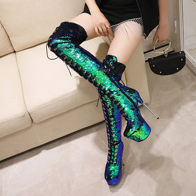 Botas Stiletto Brillantes Hasta la Rodilla con Lentejuelas