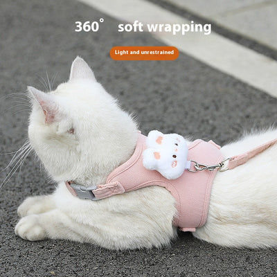 Pink corduroy pet harness and leash set with a white plush rabbit design, shown with a size chart. - Image 3